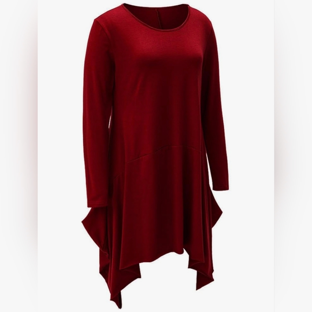 Plus-sized Red 2X Scoop Neck Long Sleeve T-shirt Dress/Tunic With Pockets - Picture 2 of 7